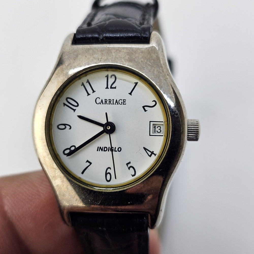 Carriage Timex Watch Women 25MM White Dial Black Leather Bands New Battery‎